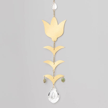 Blooming Flower Aqua Terra Suncatcher featuring brass floral design, crystal drop, and semi-precious stones for home window decor.