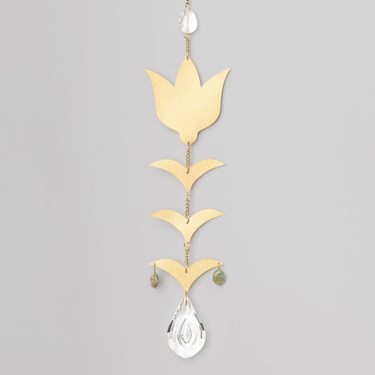 Blooming Flower Aqua Terra Suncatcher featuring brass floral design, crystal drop, and semi-precious stones for home window decor.