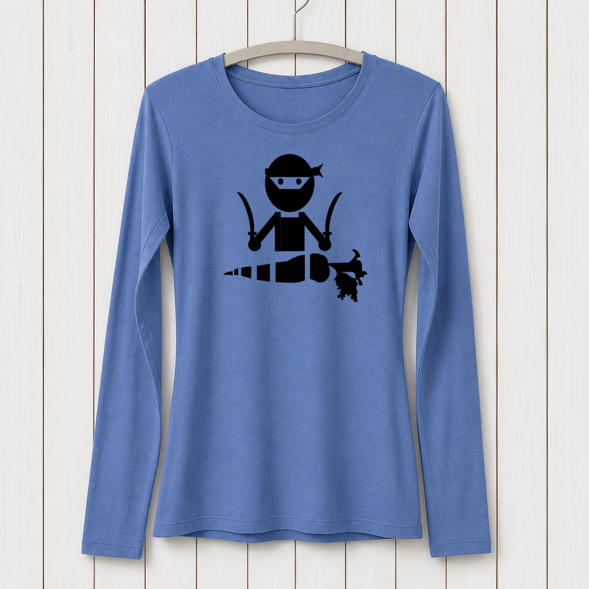 Blue long sleeve T-shirt for women featuring a black ninja character holding a sword, made from bamboo organic cotton, displayed on a hanger against a white wooden background, SKU: WLSXSPUR