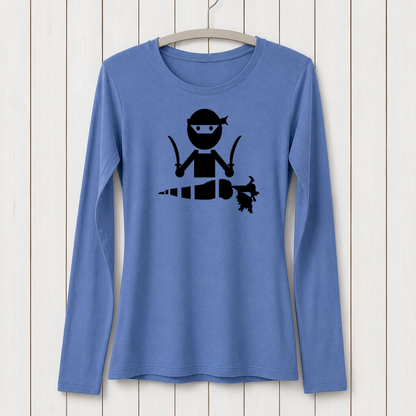 Blue long sleeve T-shirt for women featuring a black ninja character holding a sword, made from bamboo organic cotton, displayed on a hanger against a white wooden background, SKU: WLSXSPUR