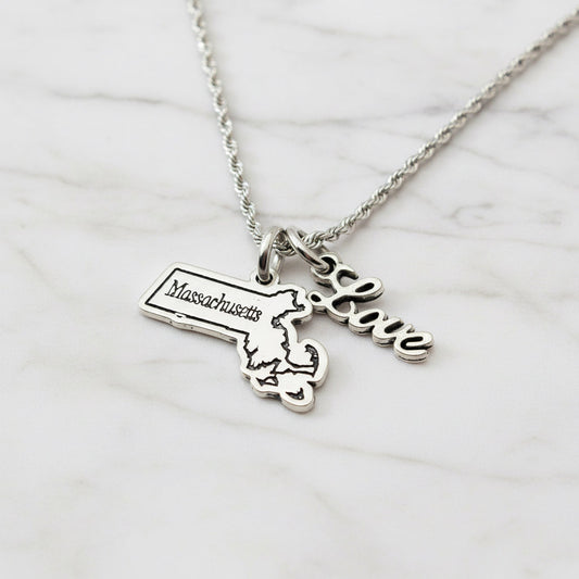 Massachusetts map and love pendant necklace