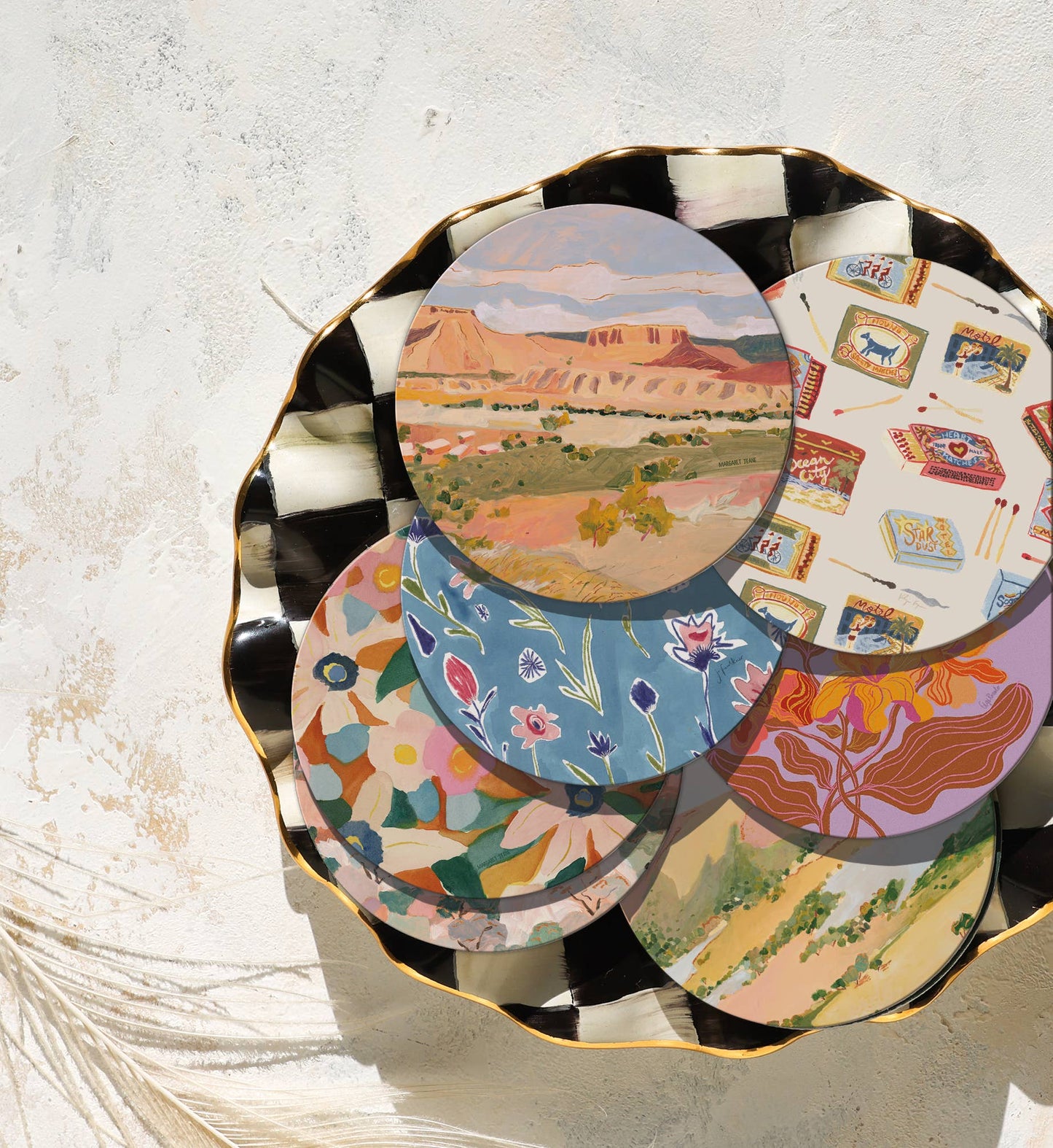 Assorted Seedlings Coasters including Matchbooks design, displayed in a decorative bowl for curated kitchen and dining decor.