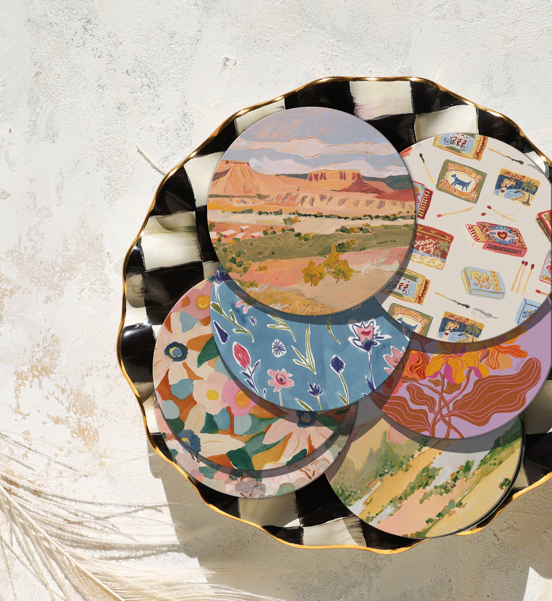 Assorted Seedlings Coasters including Matchbooks design, displayed in a decorative bowl for curated kitchen and dining decor.