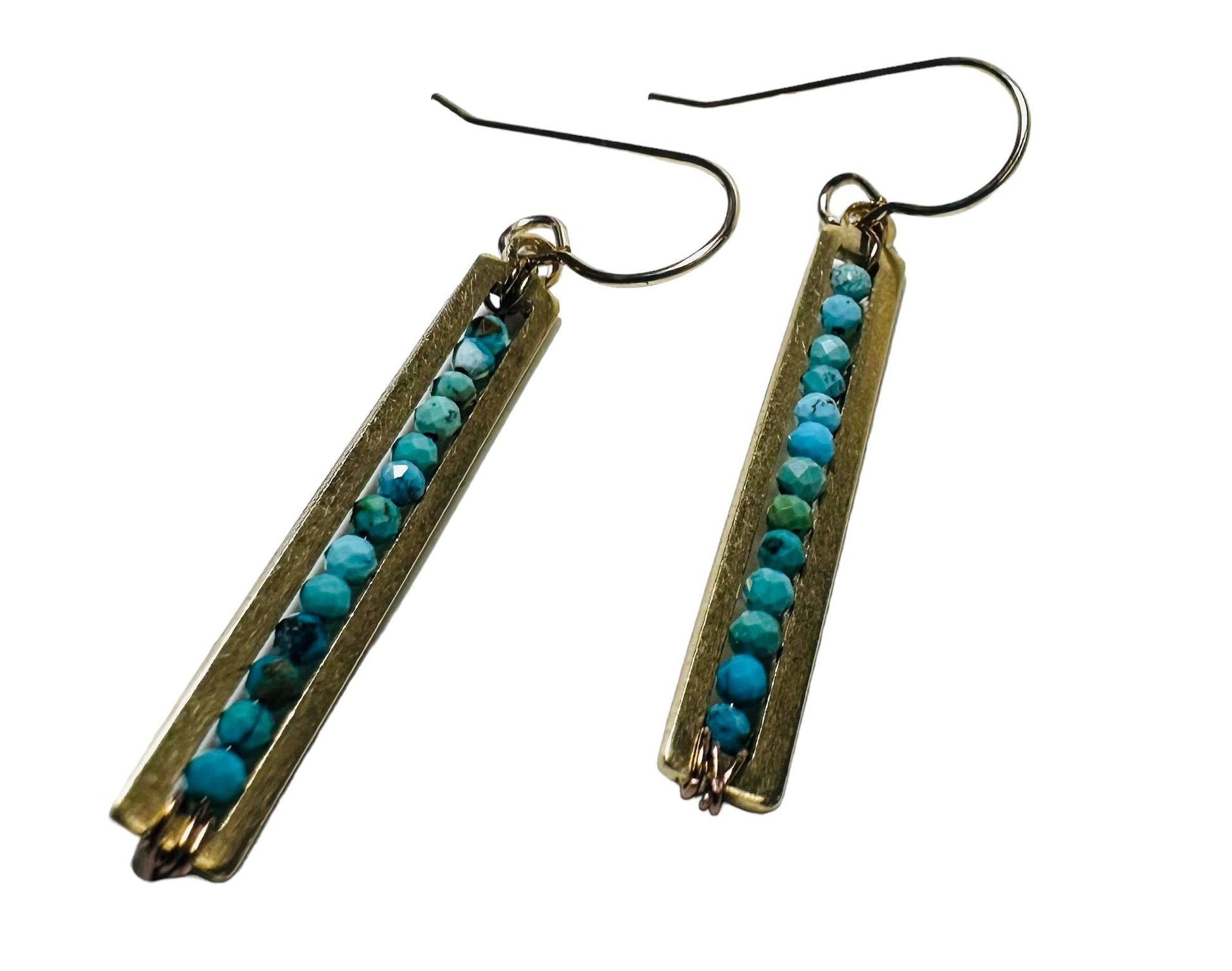 Turquoise Gemstone Bar Earrings-Uni-T with vibrant blue-green beads in a gold-plated bar. A timeless design that adds color and elegance.