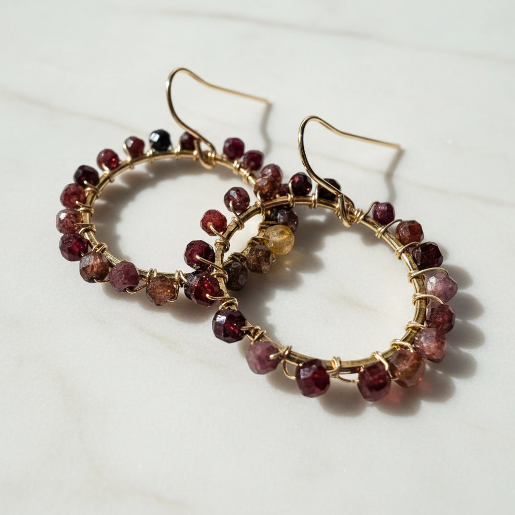 Tourmaline gemstone hoop earrings with gold wire