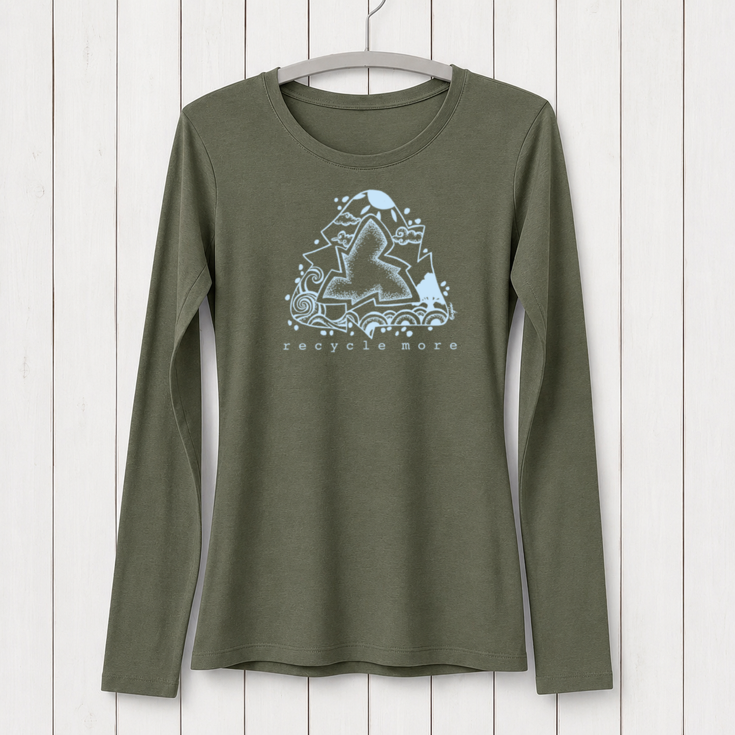 Olive green long sleeve T-shirt with a white graphic design of a mountain, waves, and a recycling symbol, promoting environmental awareness, made from sustainable bamboo and organic cotton, SKU: WLSXSBLK