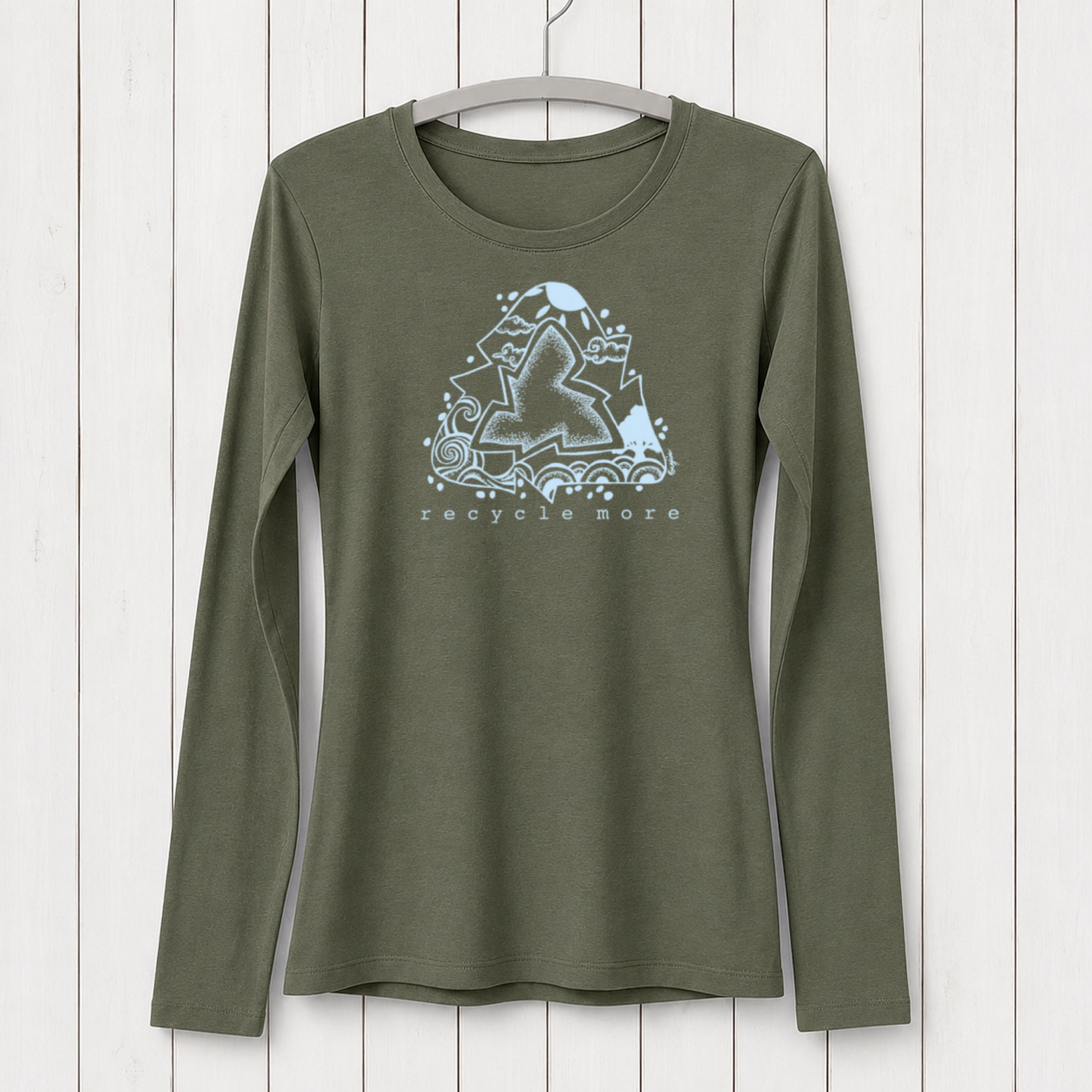 Olive green long sleeve T-shirt with a white graphic design of a mountain, waves, and a recycling symbol, promoting environmental awareness, made from sustainable bamboo and organic cotton, SKU: WLSXSBLK