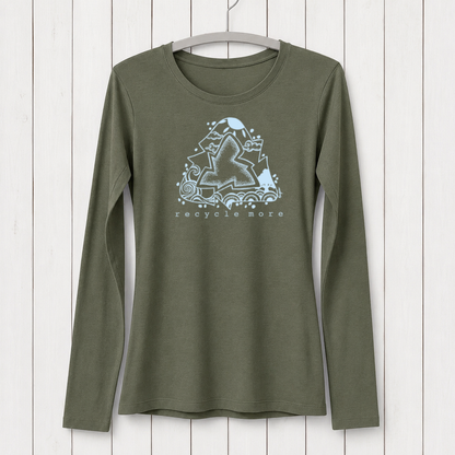 Olive green long sleeve T-shirt with a white graphic design of a mountain, waves, and a recycling symbol, promoting environmental awareness, made from sustainable bamboo and organic cotton, SKU: WLSXSBLK