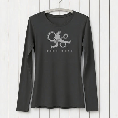 Black long sleeve T-shirt with a graphic of a fairy playing guitar and circular musical elements, featuring the text 'rock more' in white, made of sustainable bamboo and organic cotton, SKU: WLSXSNAV