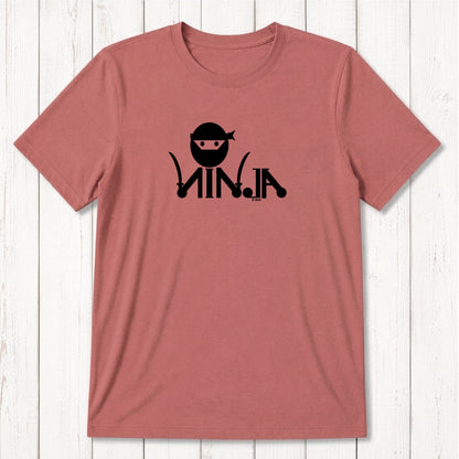 Pink men's T-shirt with black ninja graphic design featuring a ninja face with headband and stylized text, casual apparel for martial arts fans