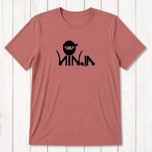 Pink men's T-shirt with black ninja graphic design featuring a ninja face with headband and stylized text, casual apparel for martial arts fans