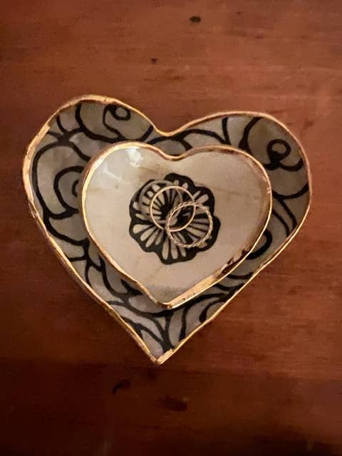 Handmade Heart-Shaped Floral & Gold Catchall Jewelry Dish Hsieh Clay SF