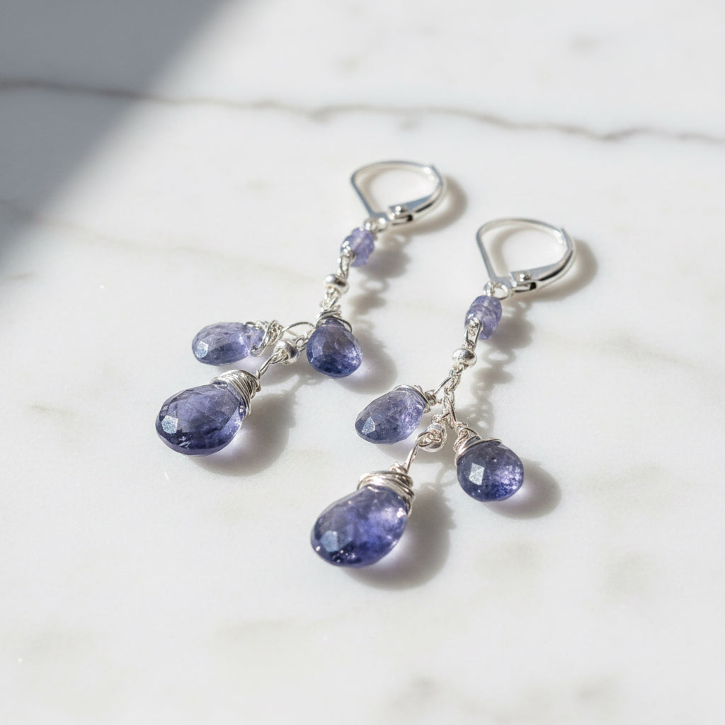 Iolite Gemstone Earrings, Cascade Chain Earrings