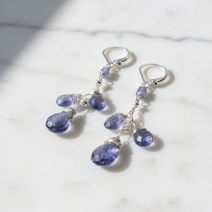 Iolite Gemstone Earrings, Cascade Chain Earrings