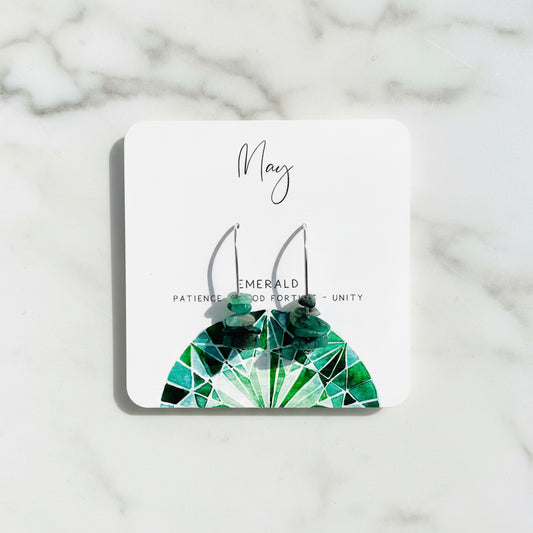 May birthstone earrings with green stones on white card