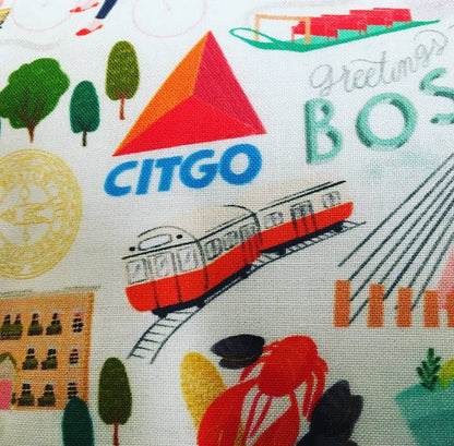 Colorful Boston-themed sleep mask with landmarks and logos