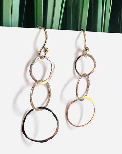 Mixed metal hammered hoop link earrings, dangle style