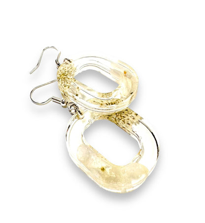Clear oval resin earrings with white flowers and silver hooks. Minimalist real flower earrings with a natural aesthetic.