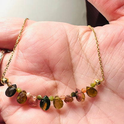 Close-up of Tourmaline Teardrop Necklace with multicolor stones