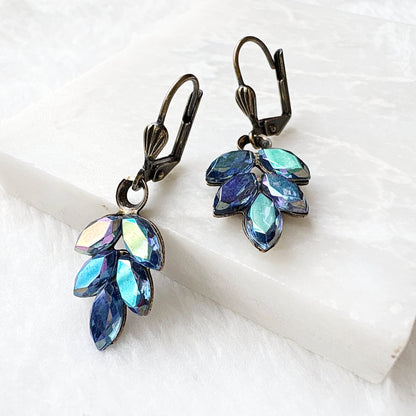 Vintage style brass crystal dangle earrings with lever back closure