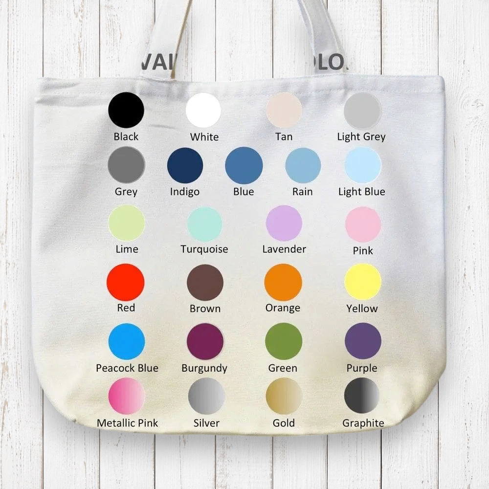 Color chart for dragon canvas tote bag showing 24 available ink options including metallics, perfect for customizing fantasy-themed gifts.
