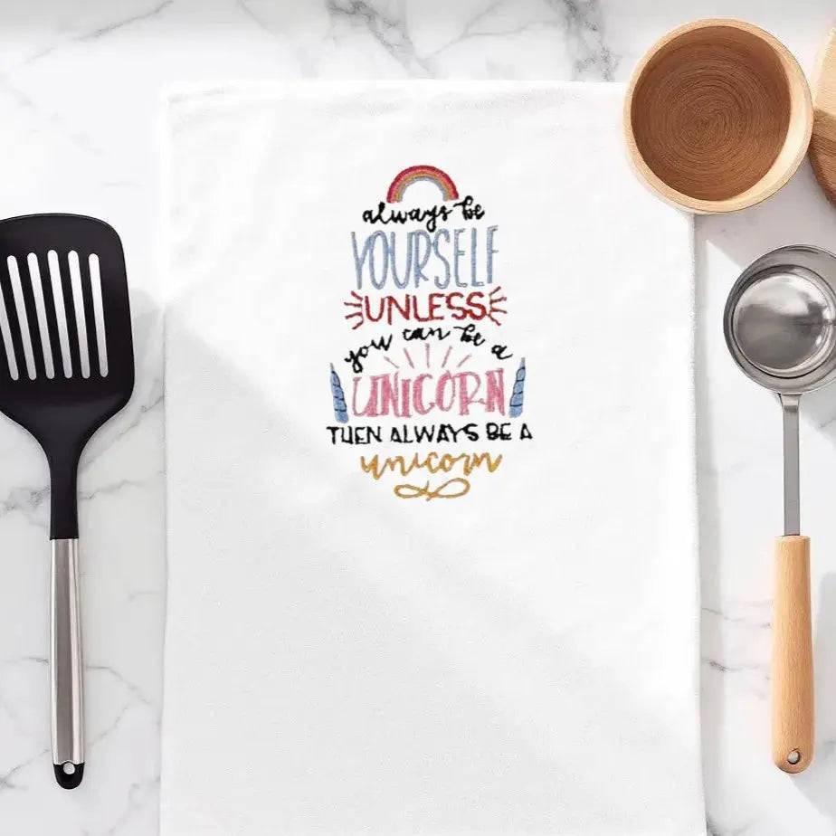 Unicorn Embroidered Towel - Embrace Your True Self with whimsical text and rainbow design, ideal for kitchen decor and gifting.