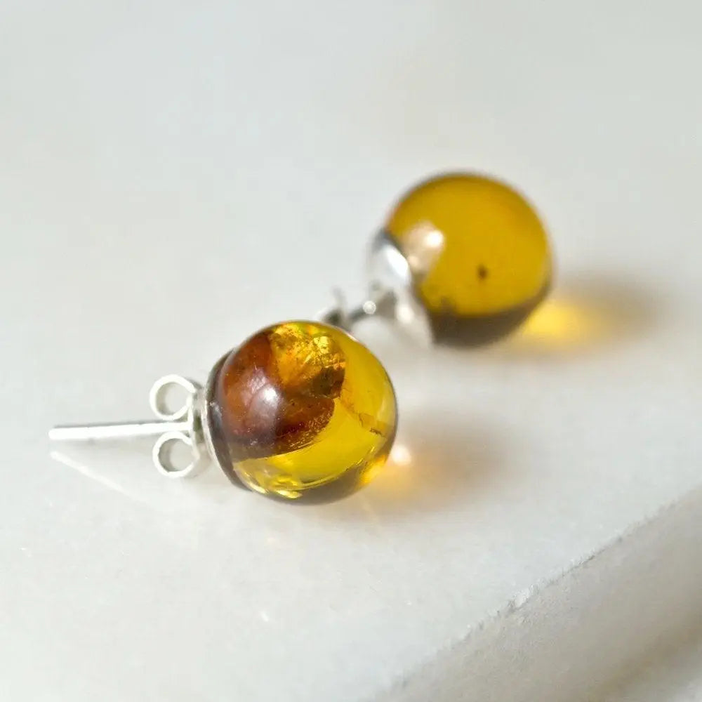 Amber Sterling Silver Earrings Stud Ball - Uni-T