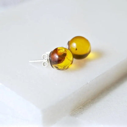 Amber Sterling Silver Earrings Stud Ball - Uni-T