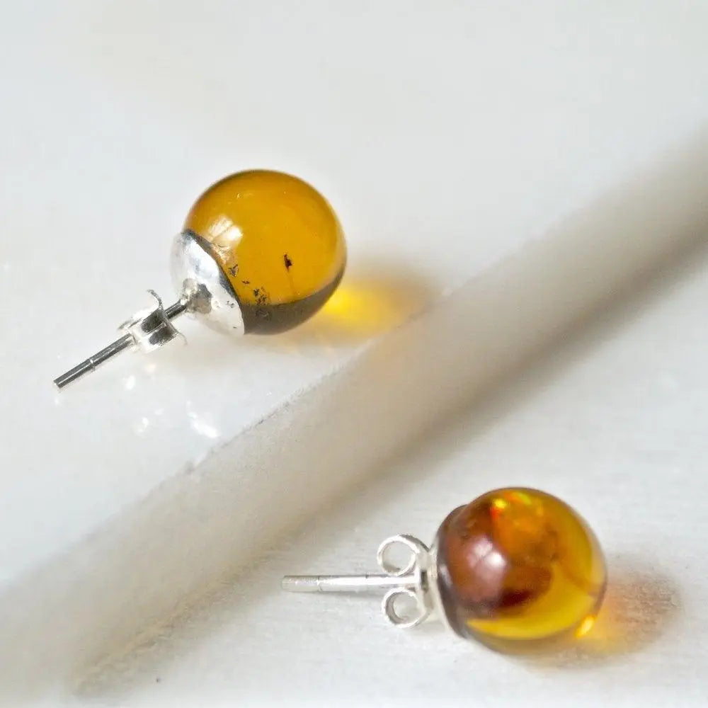 Amber Sterling Silver Earrings Stud Ball