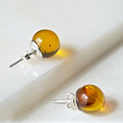 Amber Sterling Silver Earrings Stud Ball