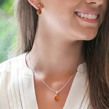 Amber Sterling Silver Pendant Necklace Tear Drop Small - Uni-T
