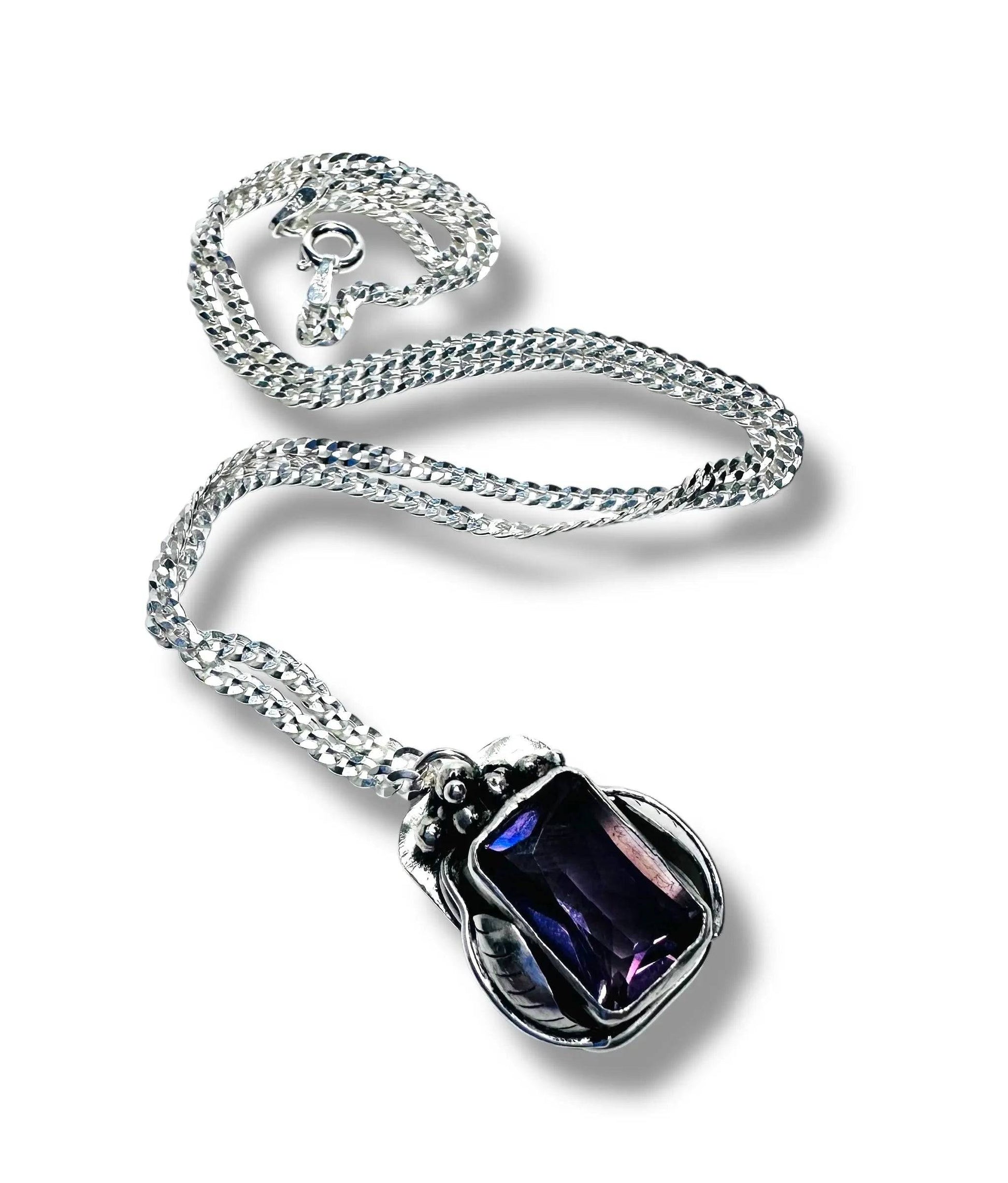 Handcrafted Amethyst Grapes Wine Necklace featuring deep purple gemstone and silver grape accents, perfect February birthstone jewelry gift.