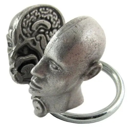 Front view of Anatomical Head Keychain showing half face with muscle and bone detail. A unique small gift for anatomy enthusiasts.