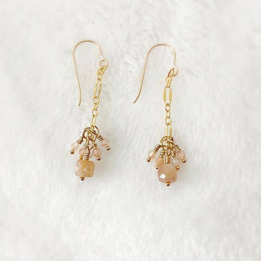 Elegant 14k gold fill drop earrings with clustered peach moonstone beads from the Gemstone Gold Earrings Necklace Set.
