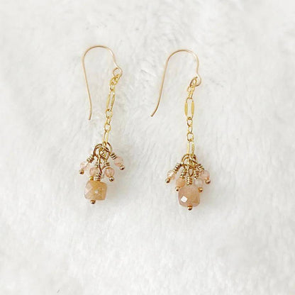 Elegant 14k gold fill drop earrings with clustered peach moonstone beads from the Gemstone Gold Earrings Necklace Set.