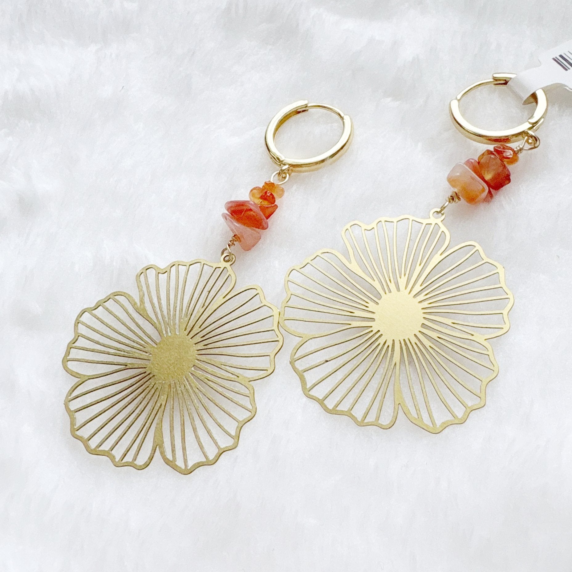 Gold floral earrings with carnelian beads