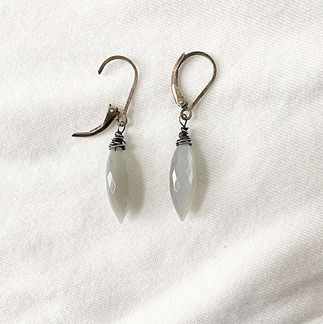 Close-up of Moonstone Dagger Earrings with sterling silver hooks and faceted moonstone beads. Part of the Moonstone Dagger Necklace Set.