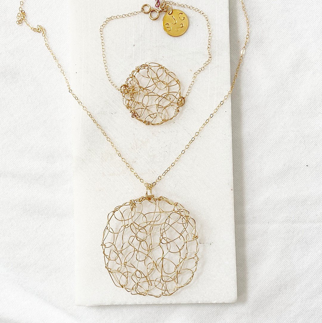 Gold filled Round Wire Crochet Pendant Necklace & Bracelet Set Sandrine Colson