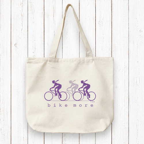 Cycling Gift Tote Bag with BIKE MORE design featuring three cyclists in red tones on organic cotton. Ideal for eco-conscious bike lovers.