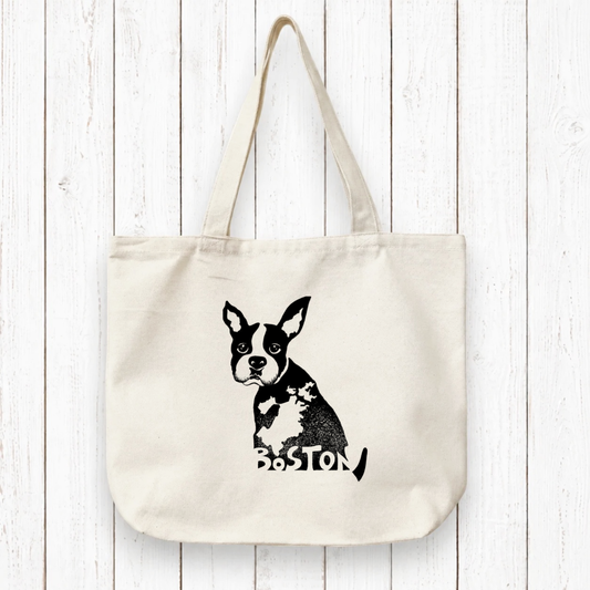 Boston Pride Tote Bag - Organic Design featuring a black Boston Terrier illustration with 'Boston' text on eco-friendly canvas. Ideal for city lovers.