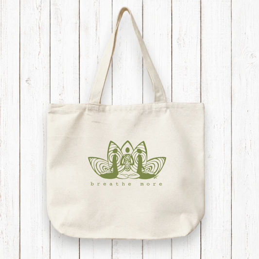 Organic Yoga Tote Bag with 'BREATHE MORE' artist design in black ink on 100% cotton canvas. Eco-friendly and ideal for yoga lovers or mindful gifting.