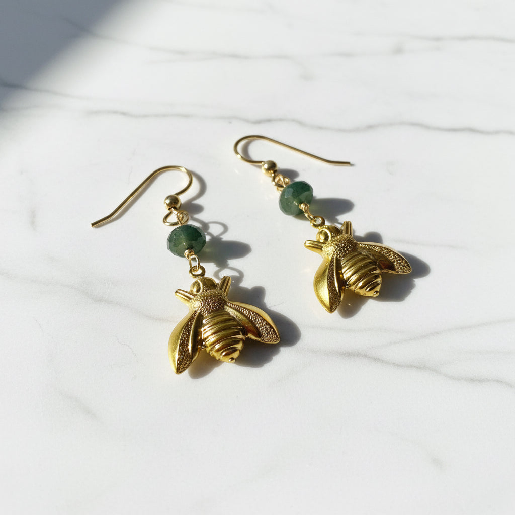 Bee Earrings/ Gemstone and Golden Bee Charm Earrings*