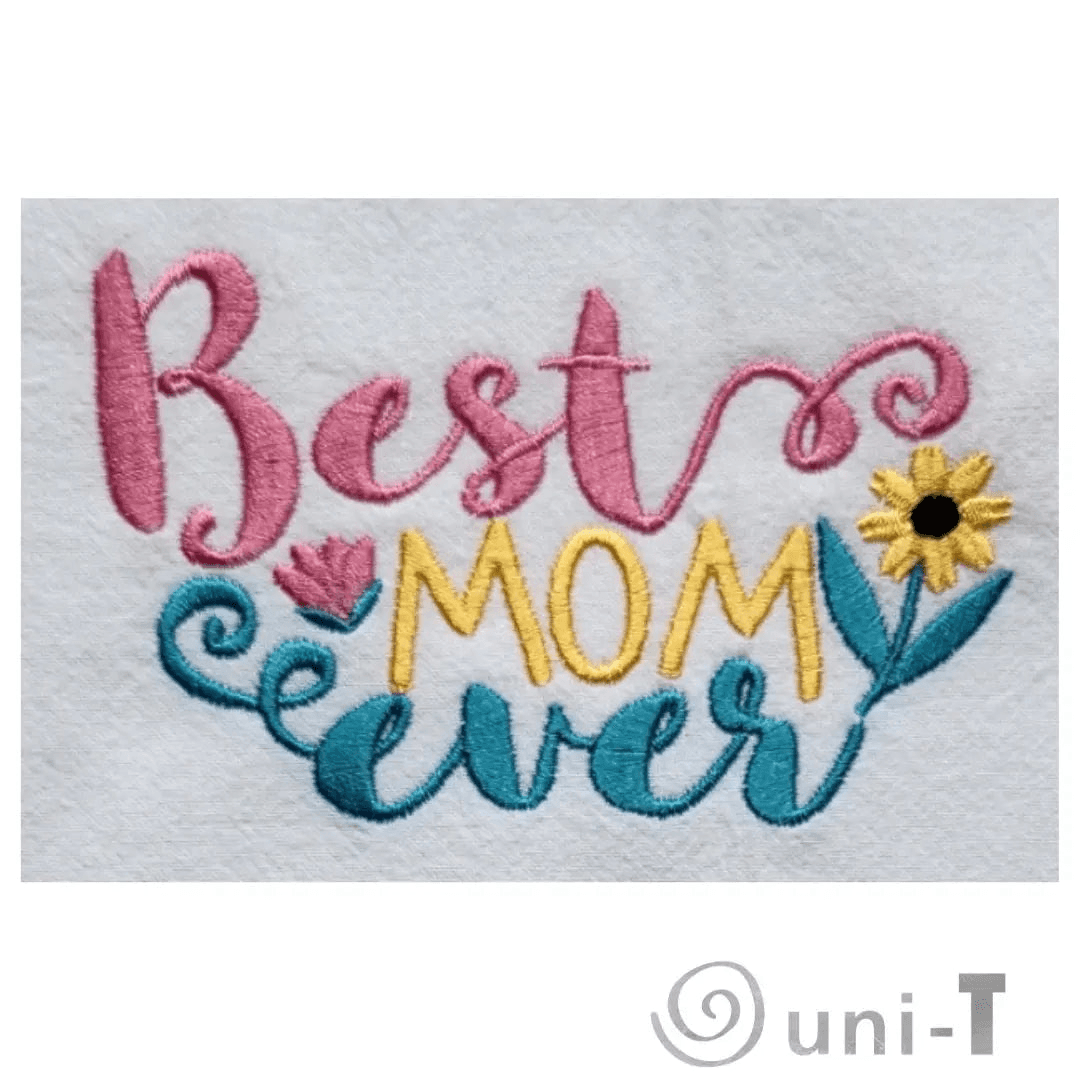 Close-up of Best Mom Ever Towel - Embroidered Gift | Flour Sack 27"x27" with pink, yellow, and teal floral text design, perfect sentimental kitchen gift.