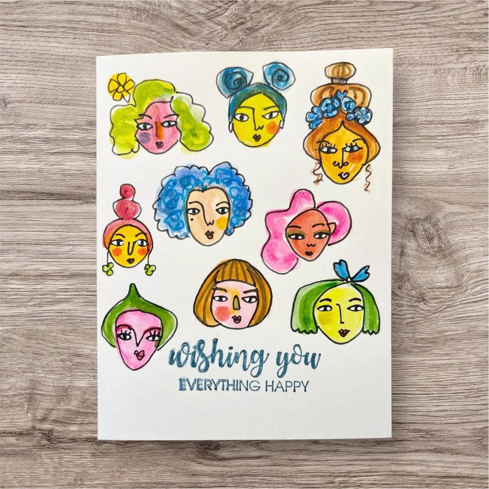 Good Vibe Tribe Greeting Card - Inspirational Handmade with vibrant female faces and 'wishing you everything happy' message in artistic font.