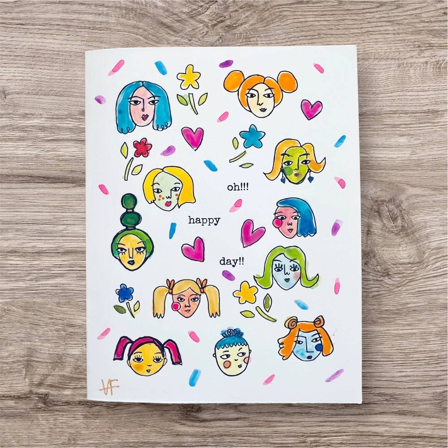 Inspirational Handmade Greeting Card with whimsical faces, hearts, and flowers, featuring 'oh!!! happy day!!' for joyful occasions.