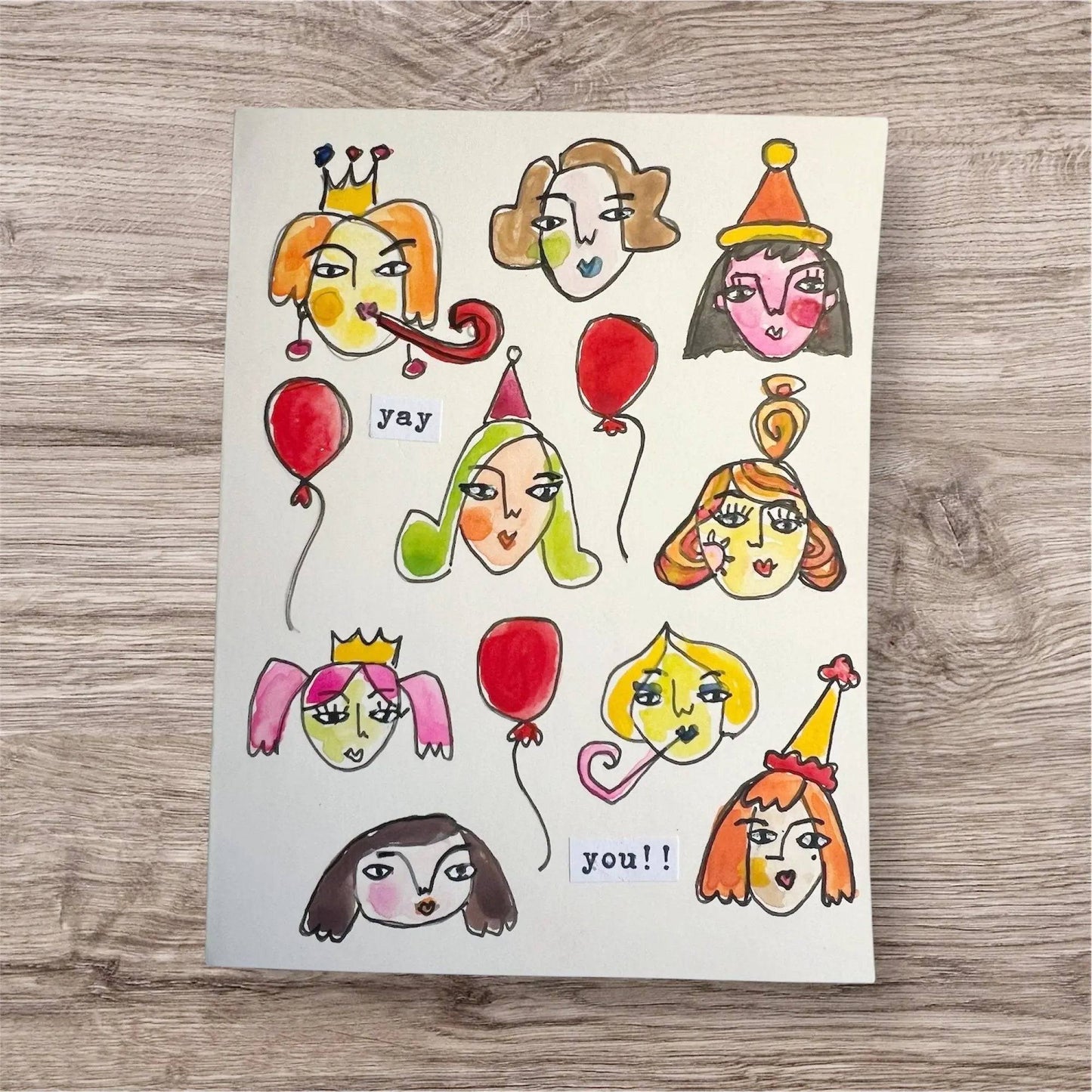 Good Vibe Tribe Greeting Card - Inspirational Handmade featuring hand-painted party faces, red balloons, and 'yay you!!' message on white card.
