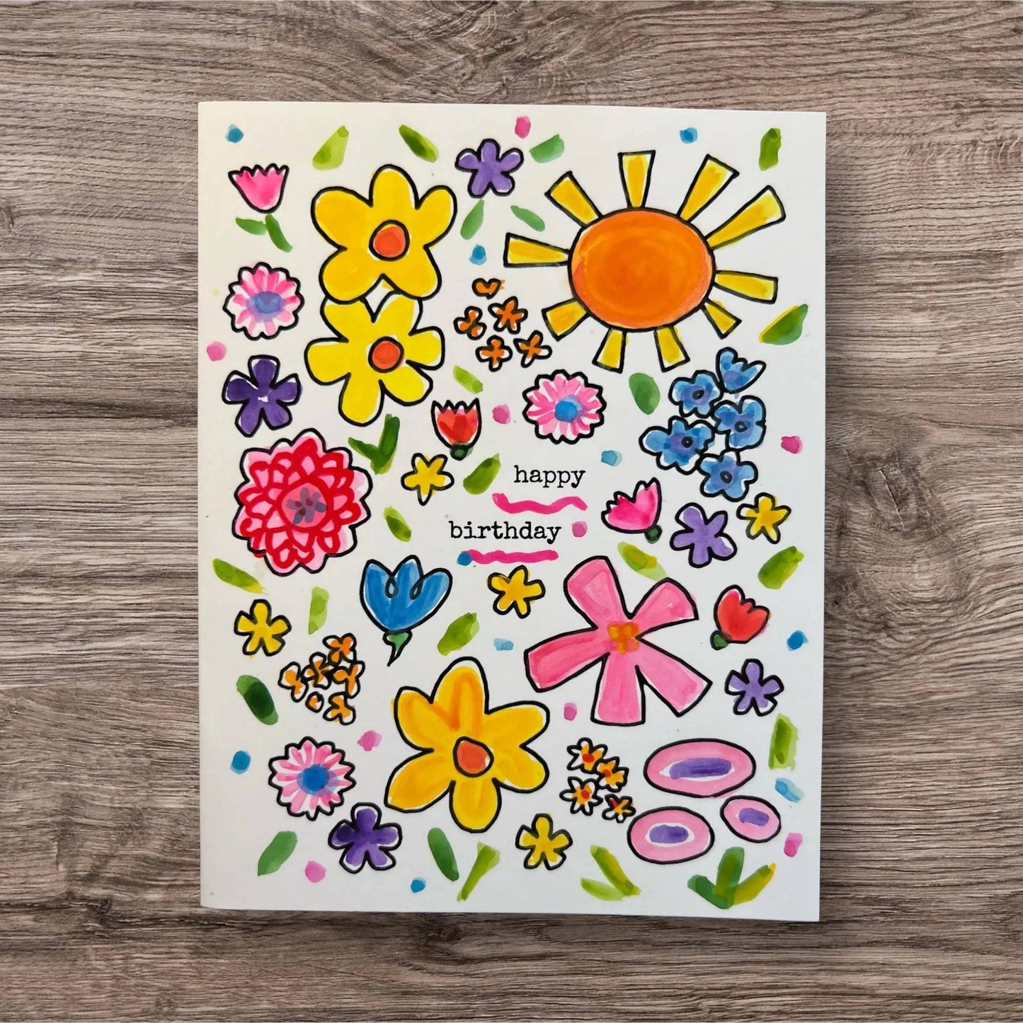 Good Vibe Tribe Greeting Card - Inspirational Handmade with bright floral and sun illustrations and 'happy birthday' message in playful style.