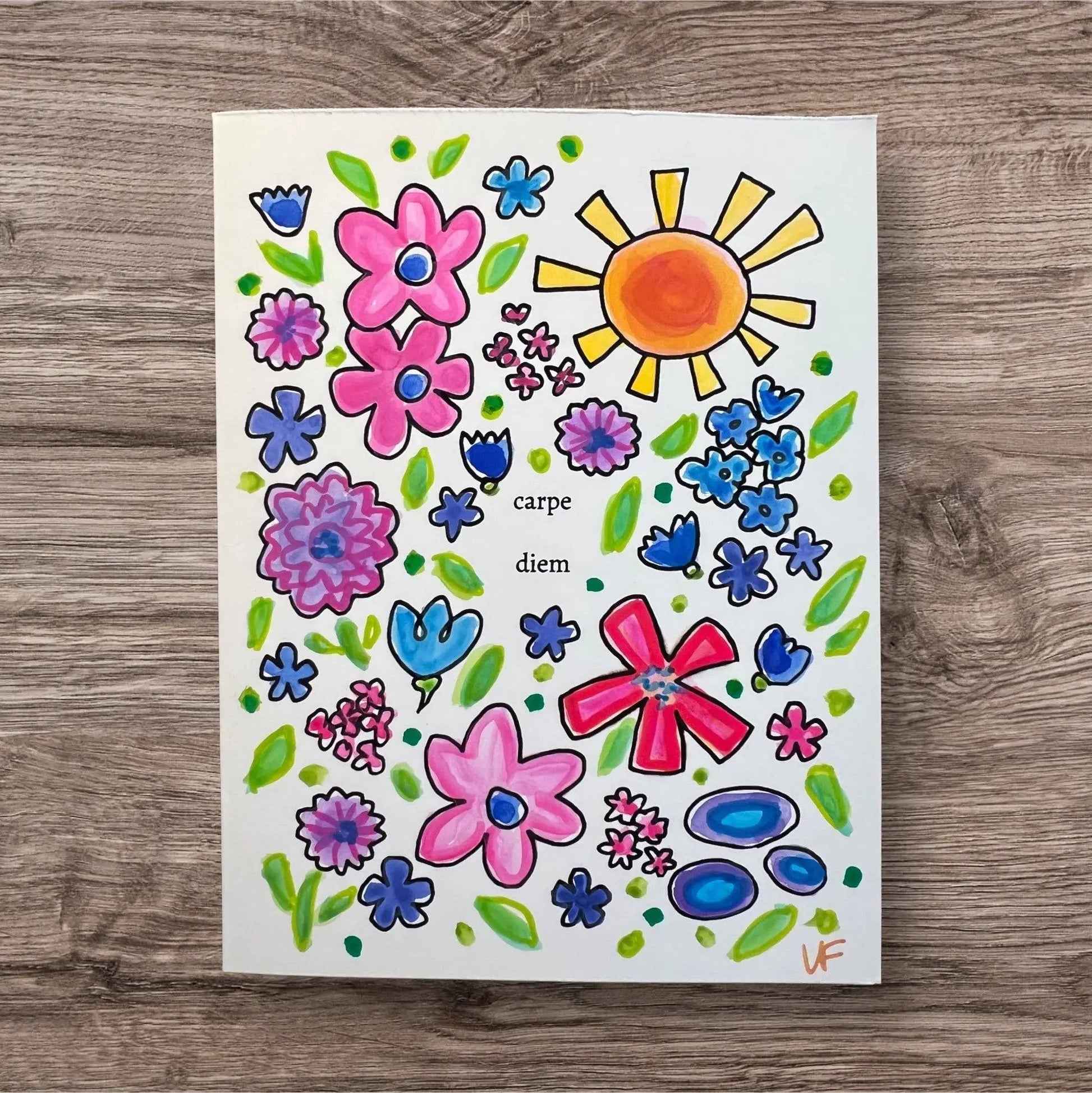 Inspirational Handmade Greeting Card with colorful flowers and sun, featuring 'carpe diem' message for motivational gift giving.