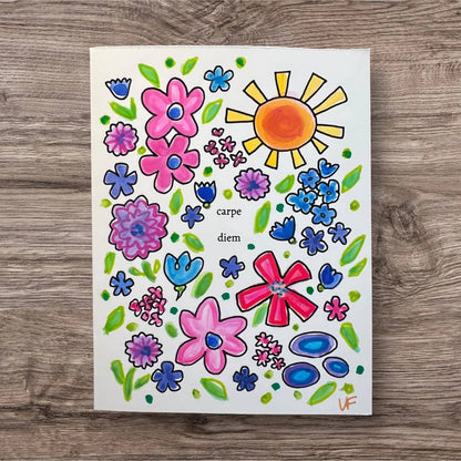 Inspirational Handmade Greeting Card with colorful flowers and sun, featuring 'carpe diem' message for motivational gift giving.