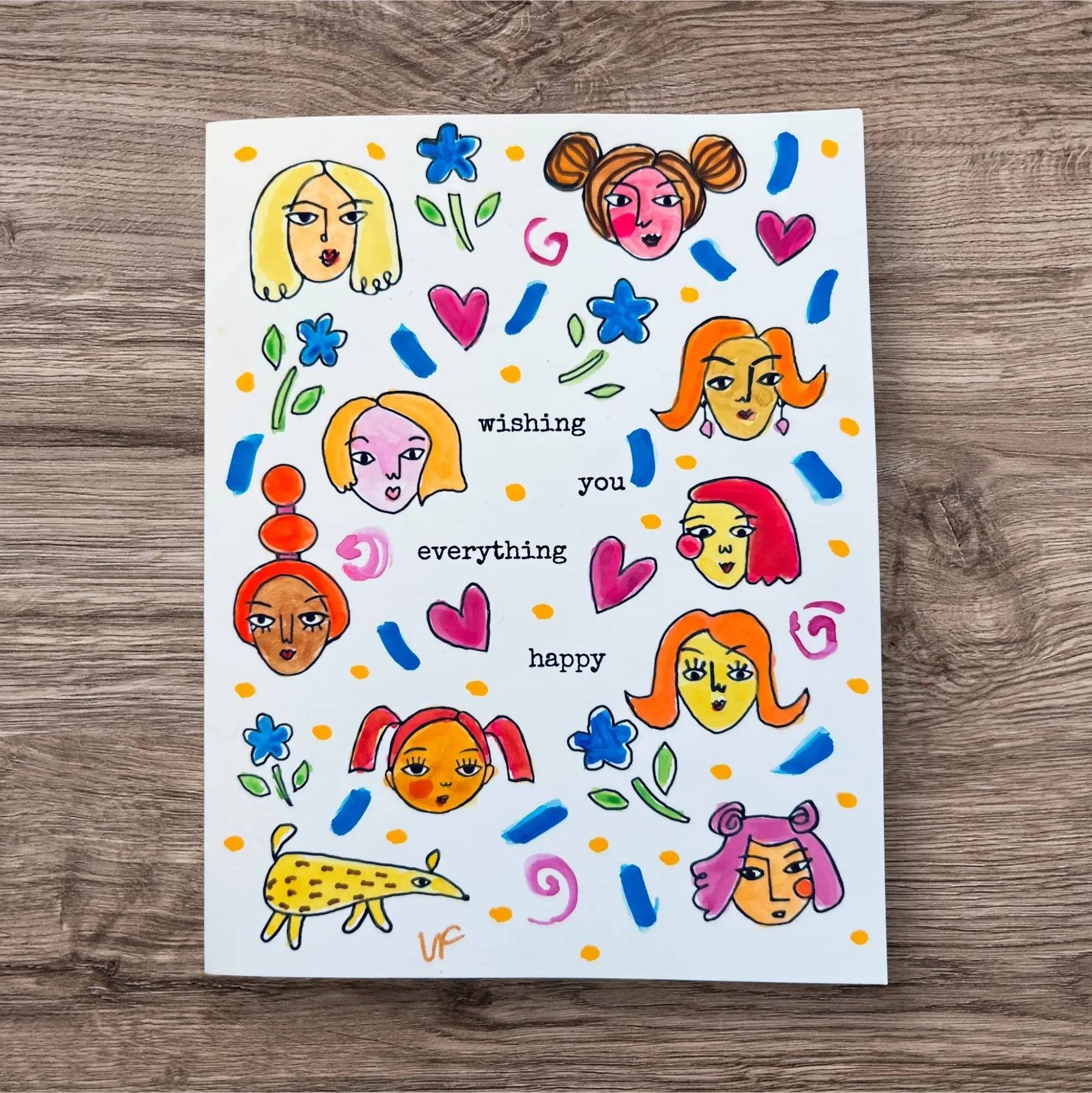 Good Vibe Tribe Greeting Card - Inspirational Handmade with diverse female faces, hearts, and flowers, reading 'wishing you everything happy'.